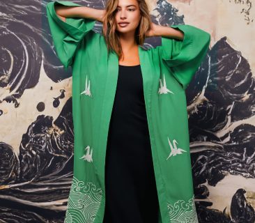 Hokusai Wave & Origami Embroidered Long Kimono -Green