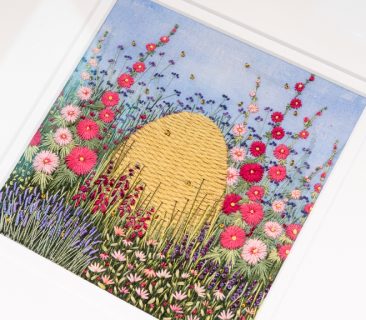 Hollyhocks & Skep original hand embroidery picture