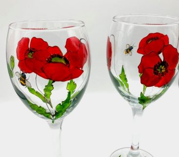 Poppy and bee hand painted wine glasses