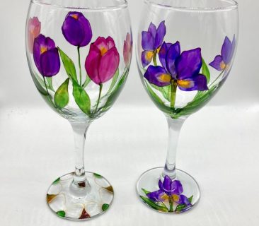 Iris and tulip hand painted wine glasses